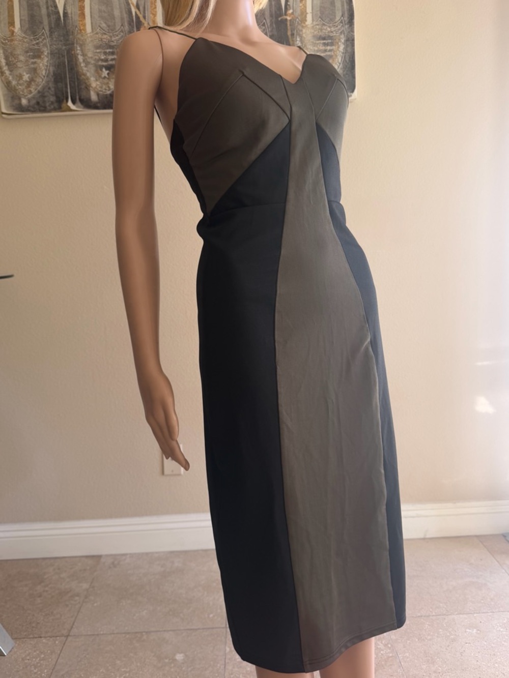 Rare London Olive and Black Colorblock Midi Dress